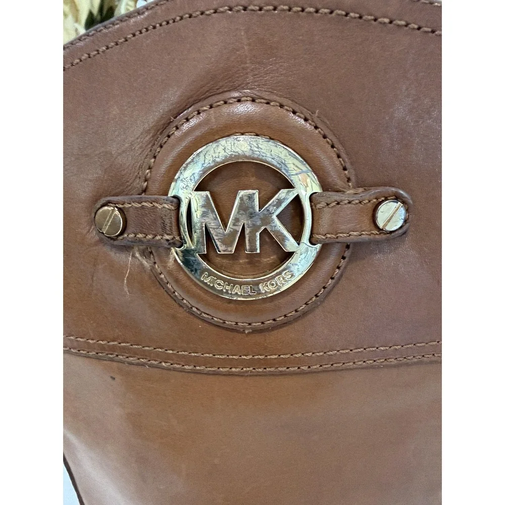 Michael Kors Boots Womens Brown Leather Riding Knee High Tall Logo‎ Zip Buckle